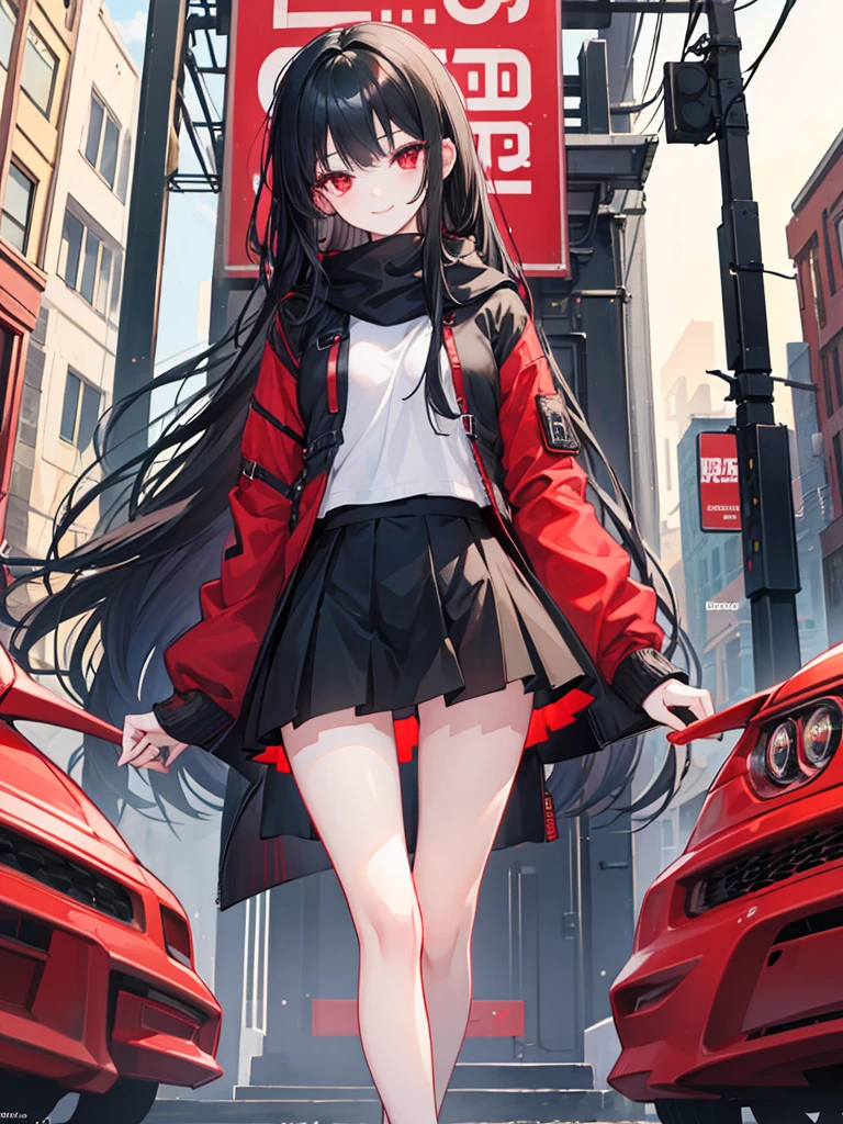 girl, red eyes, long curry wauy black hair. wear green black , short skirt, arrogant, independent woman, kind smile. background in town. winter