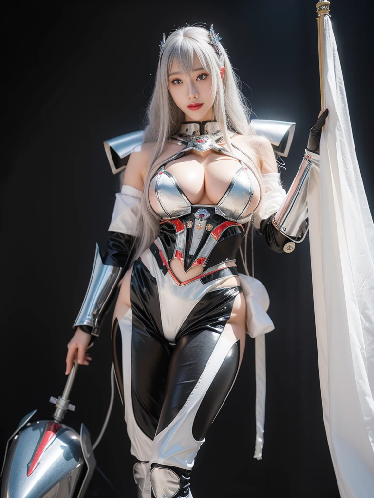 Super Detail, High Detail, high quality, best quality, High resolution，1 female robot，Beautiful female robot,beautiful clear face(Rain waves_haneame：1.5)， Realistic, High resolution, Soft Light,Hips up, (Detailed face), silver hair, long hair, Mecha Maiden, Colorful mechanical parts, mechanical joint, Thick mechanical armor,Weaponry, All metal body, Technology Antenna Hair Accessories