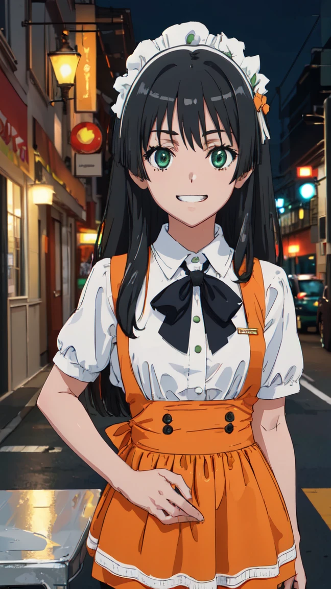 (High resolution:1.4), (masutepiece:1.2), (High quality:1.3) 1girl, saten ruiko, green eyes, long hair, black hair, small breast, Orange Skirt, orange apron, High Waist Skirt, white shirt, waitress, mini skirt, Bursting Busty,, cinematic lighting, grin, pov