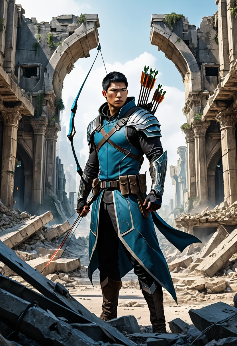 (Archer, bow and arrow), In a futuristic style, an Asian archer with high-tech equipment shuttles through the ruins of a ruined city. The bow in his hand is equipped with a laser sight, making him fearless in the face of enemies in the ruins. The entire scene is filled with the coldness and resilience of future wars, full body, (Photography), panoramic view, award-winning, cinematic still, emotional, vignette, dynamic, vivid, (masterpiece, best quality, Professional, perfect composition, very aesthetic, absurdres, ultra-detailed, intricate details:1.3)