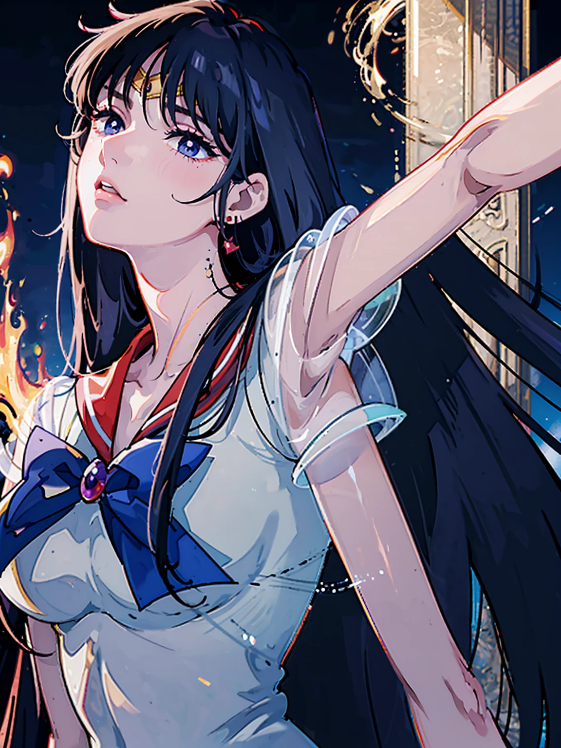 masterpiece, Highest quality, 8k Sailor Mars, Unhealthy face;1.9, Dark Eyes;1.5, Dark circles under the eyes, Long Hair, Long Bangs, Eyes through the bangs, Big eyes, Blue Eyes, Bust Shot, Yandere, Unhappy face, Regular faceless