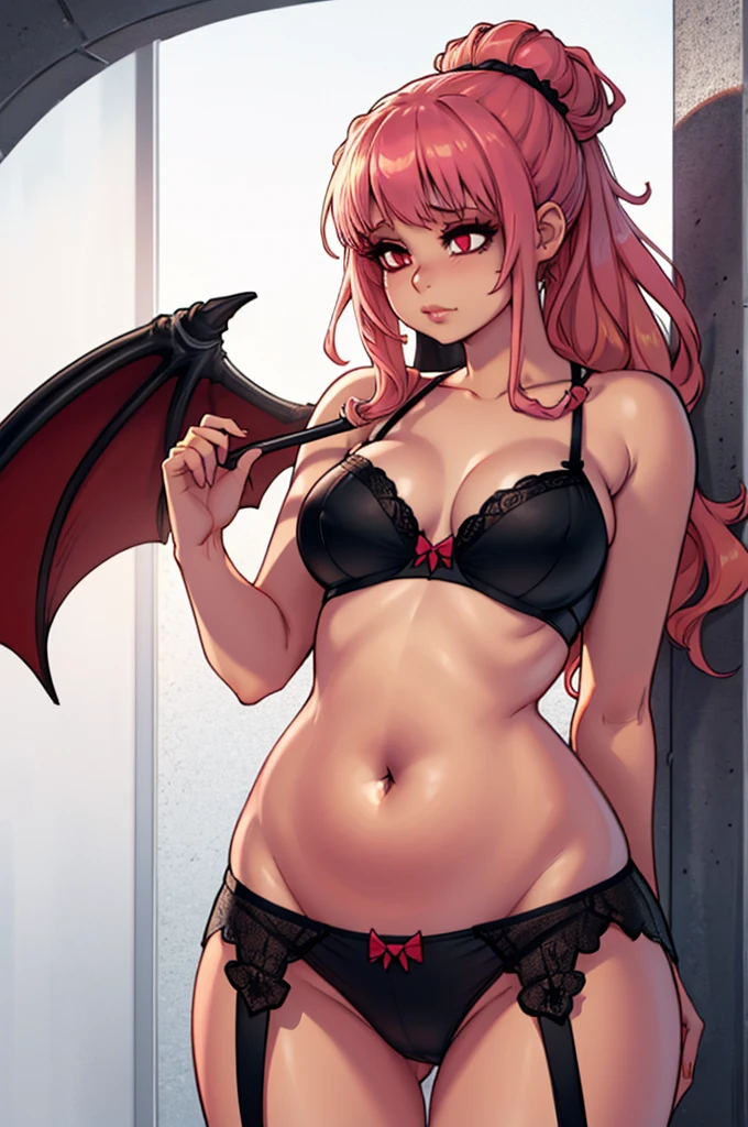 art by kipteitei, 1girl, pink hair, hair up, long and wavy hair cascading down shoulders, red eyes, succubus, black lingerie, horny, (best quality, masterpiece)