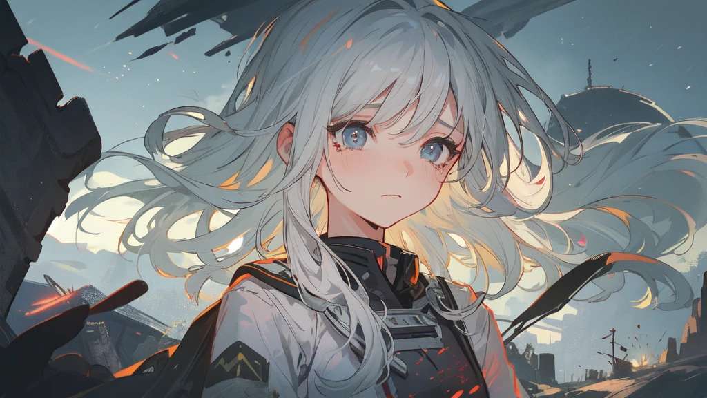 masterpiece:1.2), best quality , 独奏 ,pixiv, anime girl ,long straight white hair , black eyes ,Wearing off-white camouflage uniform ,ten years old,modern battlefield,(Eyes looking into the distance:1.3),(look away:1.5),snowy weather,dirty face,blood on forehead,dirty face,Backlight,Bare rocky peaks ,The expression is sad,leave tears,When the war situation seems to be developing for the better,,A girl wakes up from her deep sleep,She doesn't understand her own life、Not sure about the power in the body,As pure as white paper。At the same time, another soul is sleeping inside the girl's body.,it was an accident,It is also one of the waves that changes the world。