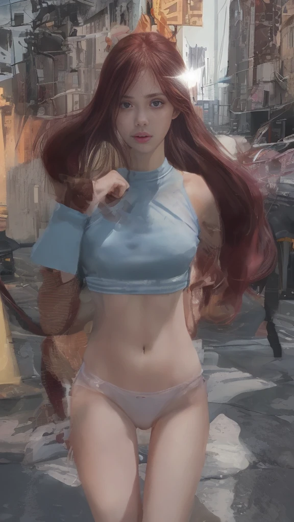 ((Realistic lighting, Best quality, 8K, Masterpiece: 1.3)), Clear focus: 1.2, 1 girl, Perfect Figure: 1.4, Slim Abs: 1.1, See through, tight clothing, ((Red-Haired)), (panties: 1.4), (Blue crop top: 1.4), (Outdoor, Night: 1.1), City streets, Super fine face, Fine eyes, Double eyelids,