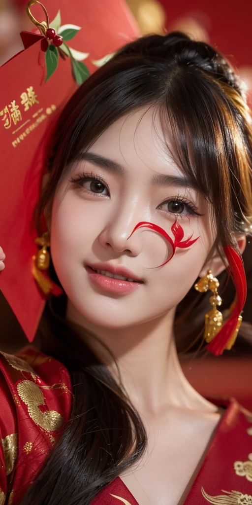 (best quality, 8K, 32k, masterpiece, Ultra high quality:1.2) "Generate captivating artwork featuring Japanese girl models, Stylish brunette,chic bob hairstyle, Celebrate Chinese New Year with joy. Inject dynamic cinematic lighting into your scene, Create visual impact,Highlight the festive atmosphere. Enrich the composition with bright colors, Traditional Chinese New Year decorations, and elements that evoke feelings of romance and joy. Capture models taking part in traditional New Year celebrations, Maybe exchanging red envelopes or participating in a vibrant dragon dance. Emphasis on the integration of dynamic lighting, Festive atmosphere, and romantic aesthetics create a visually stunning celebration of joy."