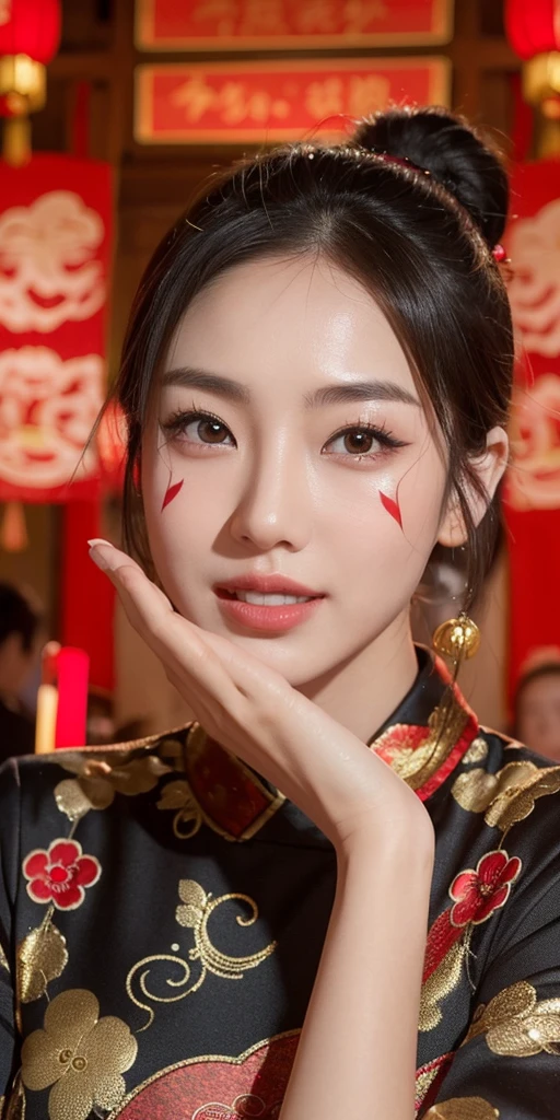 (best quality, 8K, 32k, masterpiece, Ultra high quality:1.2) "Generate captivating artwork featuring Japanese girl models, Stylish brunette，chic bob hairstyle, Celebrate Chinese New Year with joy. Inject dynamic cinematic lighting into your scene, Create visual impact，Highlight the festive atmosphere. Enrich the composition with bright colors, Traditional Chinese New Year decorations, and elements that evoke feelings of romance and joy. Capture models taking part in traditional New Year celebrations, Maybe exchanging red envelopes or participating in a vibrant dragon dance. Emphasis on the integration of dynamic lighting, Festive atmosphere, and romantic aesthetics create a visually stunning celebration of joy."