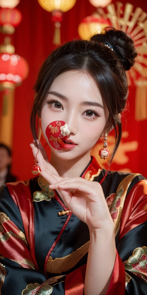 (best quality, 8K, 32k, masterpiece, Ultra high quality:1.2) "Generate captivating artwork featuring Japanese girl models, Stylish brunette,chic bob hairstyle, Celebrate Chinese New Year with joy. Inject dynamic cinematic lighting into your scene, Create visual impact,Highlight the festive atmosphere. Enrich the composition with bright colors, Traditional Chinese New Year decorations, and elements that evoke feelings of romance and joy. Capture models taking part in traditional New Year celebrations, Maybe exchanging red envelopes or participating in a vibrant dragon dance. Emphasis on the integration of dynamic lighting, Festive atmosphere, and romantic aesthetics create a visually stunning celebration of joy."