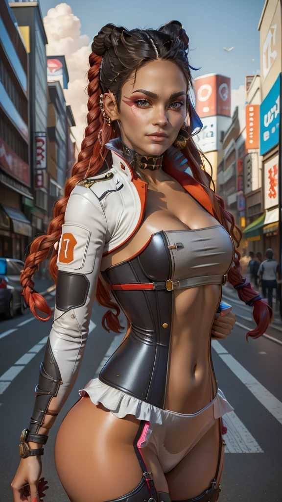 masutepiece, Loba Apex Legends, Best Quality, 1girl in,  Upper body, (look at viewr:1.4), TOKYOcity、Street、A smile、loba cassic suits, 