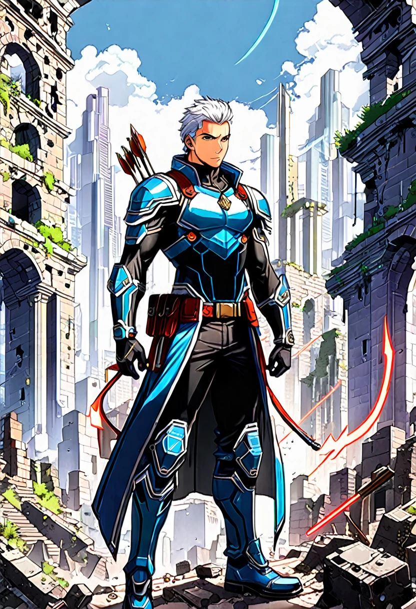 (Archer, bow and arrow), In a futuristic style, an Asian archer with high-tech equipment shuttles through the ruins of a ruined city. The bow in his hand is equipped with a laser sight, making him fearless in the face of enemies in the ruins. The entire scene is filled with the coldness and resilience of future wars, full body, (Photography), panoramic view, award-winning, cinematic still, emotional, vignette, dynamic, vivid, (masterpiece, best quality, Professional, perfect composition, very aesthetic, absurdres, ultra-detailed, intricate details:1.3)