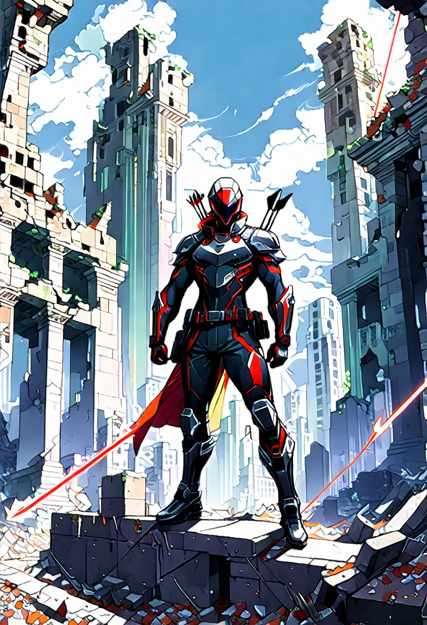 (Archer, bow and arrow), In a futuristic style, an Asian archer with high-tech equipment shuttles through the ruins of a ruined city. The bow in his hand is equipped with a laser sight, making him fearless in the face of enemies in the ruins. The entire scene is filled with the coldness and resilience of future wars, full body, (Photography), panoramic view, award-winning, cinematic still, emotional, vignette, dynamic, vivid, (masterpiece, best quality, Professional, perfect composition, very aesthetic, absurdres, ultra-detailed, intricate details:1.3)
