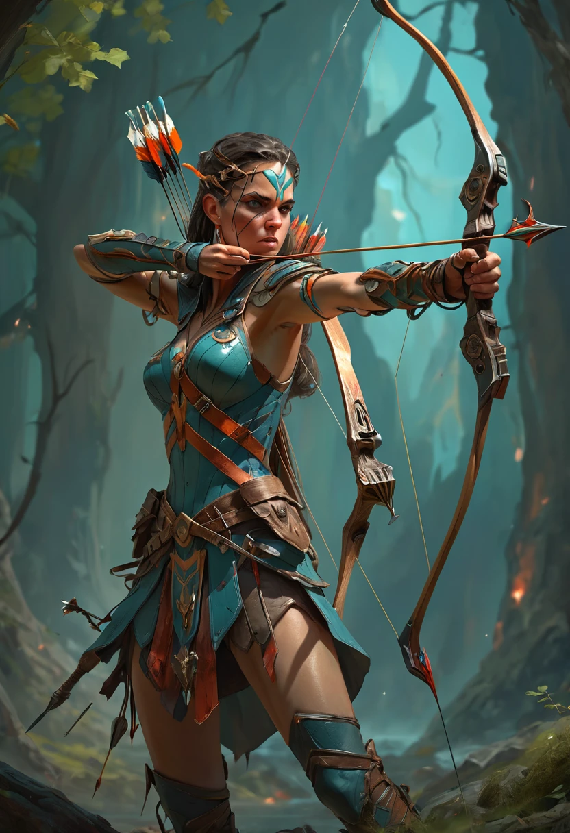 Archer, bow and arrow, Archery pose, full body, by Peter Mohrbacher, dramatic composition, cinematic dynamic action scene, vibrant colors, cinematic lighting, dramatic lighting, best quality, masterpiece, very aesthetic, perfect composition, intricate details, ultra-detailed