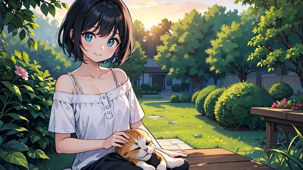 1girl, solo, blue eyes, (detailed eyes), flat chest, short hair, black hair, upper body, gentle smile on her face, sitting up straight((masterpiece, illustration, best quality)) mono tone of black and orange illustration of a happy lady sitting side by side with her beloved cat enjoying the beautiful scene of sunset in the home garden, back facing camera, contrast lighting, 60% human and cat 40% background, positive vibes,