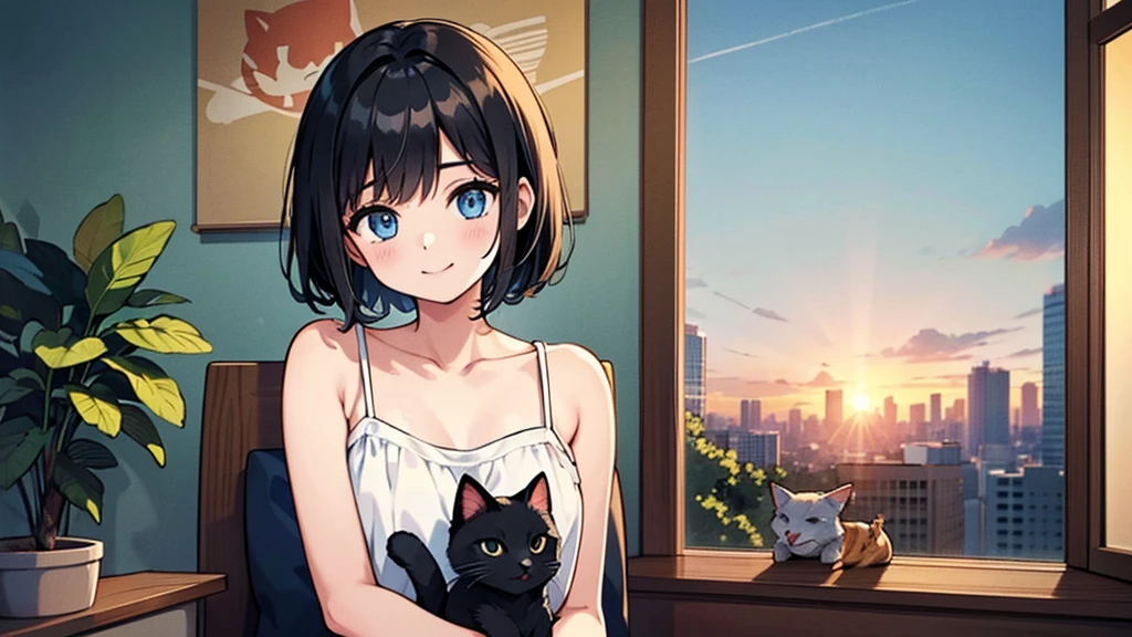 1girl, solo, blue eyes, (detailed eyes), flat chest, short hair, black hair, upper body, gentle smile on her face, sitting up straight((masterpiece, illustration, best quality)) mono tone of black and orange illustration of a happy lady sitting side by side with her beloved cat enjoying the beautiful scene of sunset in the home garden, back facing camera, contrast lighting, 60% human and cat 40% background, positive vibes,