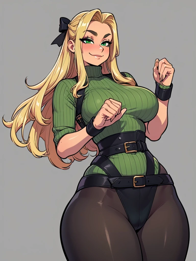 high_aesthetic: art by Lazorchef, ((Masterpiece, best quality, perfect lighting, amazing shading)), perfect anatomy, field of depth, extremely beautiful, long blonde hair, hair ribbons, green eyes, green ribbed sweater, pantyhose, cute smile, (skinny), high waisted belt, blushing, (cowboy shot), (elegant pose), simple background