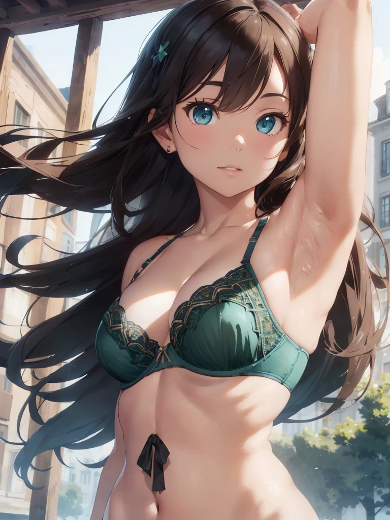 best quality, masterpiece, ultra high res, (photorealistic:1.4), RAW photo, Intricate details, ((Perfect Anatomy)), Big beautiful eyes, Perfect contours, masterpiece, One girl, Her eyes are deep blue., Her brown hair is neatly tied up, ((Wear only full-cup bras with high sides)), Tight, clear metallic green bra, satin, silk, armpit, Medium chest, ((Armpit close up)), ((Diagonally from behind)), ((Upper body only))