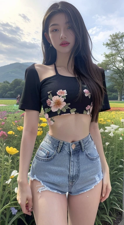 a closeup of a woman in a field of flowers, CropTop, with short torn t-shirt, crop top, vistiendo un crop top sexy, wearing crop top, usando un crop tops, wearing a crop top, wearing a beautiful top, beautiful top, usando un crop top, open chest clothing, the smallest abdomen ever seen, kawaii shirt and jeans