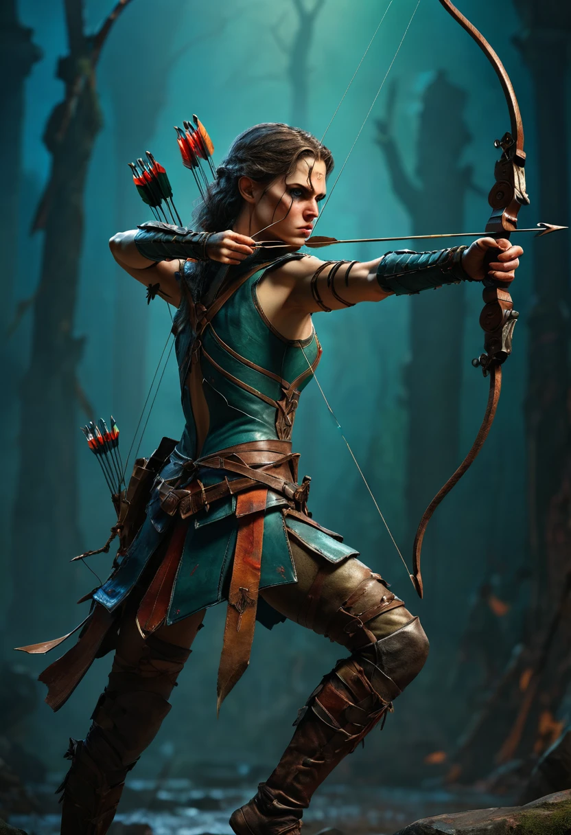 Archer, bow and arrow, Archery pose, full body, by Gerald Brom, dramatic composition, cinematic dynamic action scene, vibrant colors, cinematic lighting, dramatic lighting, best quality, masterpiece, very aesthetic, perfect composition, intricate details, ultra-detailed