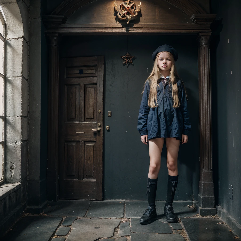 Full body view of a slavic seven year old girl with long blonde hair and big beautiful blue eyes in a satanic temple