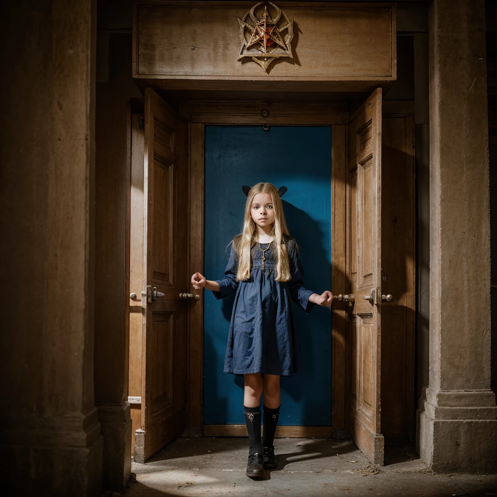 Full body view of a slavic seven year old girl with long blonde hair and big beautiful blue eyes in a satanic temple