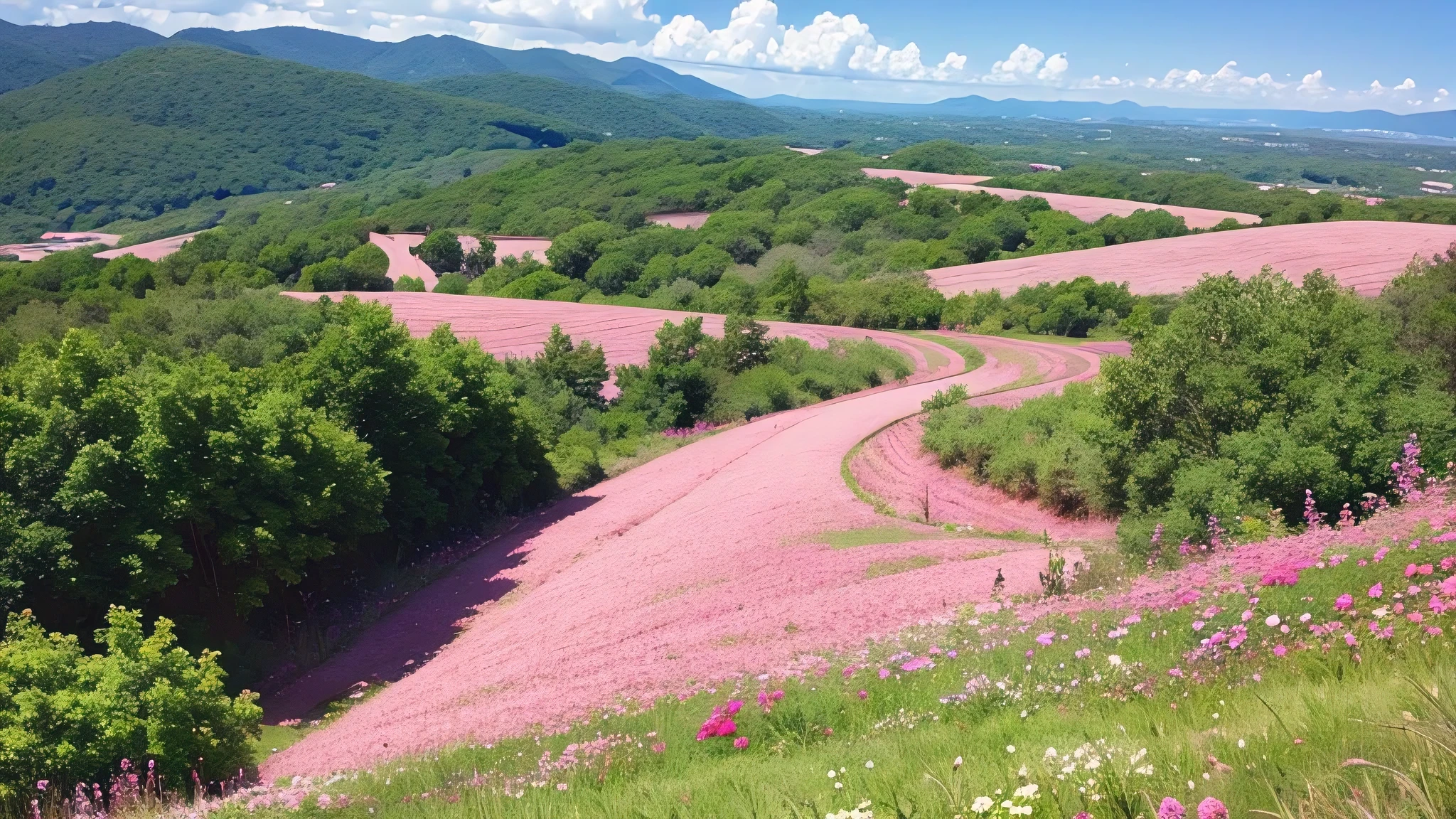 Pink vegetation,Overlook from above,Big scene, best quality. 8K Ultra HD