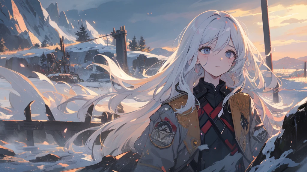 masterpiece:1.2), best quality , 独奏 ,pixiv, anime girl ，long straight white hair , black eyes ,Wearing off-white camouflage uniform ,ten years old，modern battlefield，(Eyes looking into the distance:1.3)，(look away:1.5)，snowy weather，dirty face，blood on forehead，dirty face，Backlight，Bare rocky peaks ,The expression is sad，leave tears，When the war situation seems to be developing for the better,，A girl wakes up from her deep sleep，She doesn&#39;t understand her own life、Not sure about the power in the body，As pure as white paper。At the same time, another soul is sleeping inside the girl&#39;s body.，it was an accident，It is also one of the waves that changes the world。
