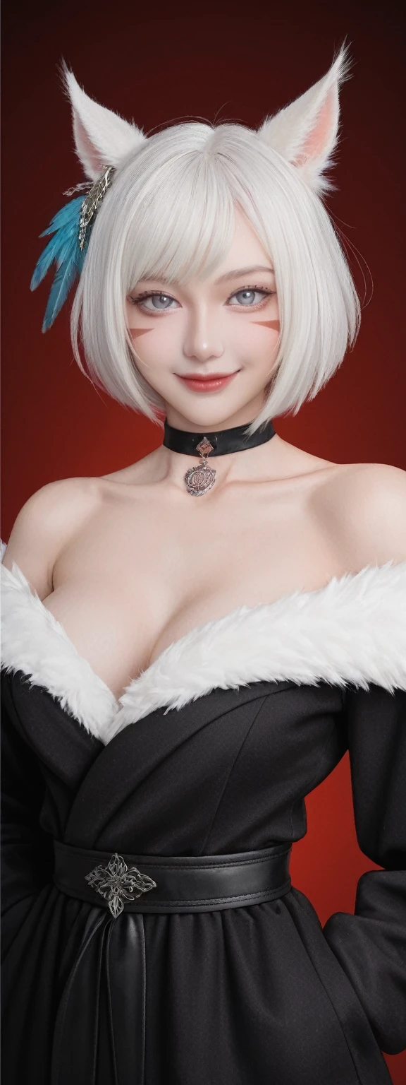 score_9, score_8_up, score_7_up, BREAK,
relaxed pose,realistic,y'shtola rhu,final fantasy xiv,snatched waist, feather hair ornament,fur trim,choker,feathers,jewelry,neck tattoo,black robe,randomboobguy,from below,light smile, 1girl,(y'shtola rhul:1.2),looking at viewer,white hair,cat ears,short hair,miqo'te,grey eyes,cat tail,realistic,high quality,