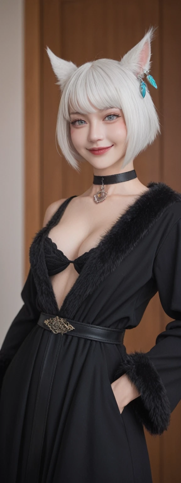 score_9, score_8_up, score_7_up, BREAK,
relaxed pose,realistic,y'shtola rhu,final fantasy xiv,snatched waist, feather hair ornament,fur trim,choker,feathers,jewelry,neck tattoo,black robe,randomboobguy,from below,light smile, 1girl,(y'shtola rhul:1.2),looking at viewer,white hair,cat ears,short hair,miqo'te,grey eyes,cat tail,realistic,high quality,
