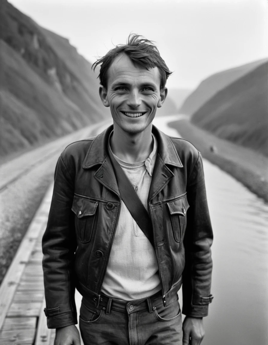 portrait d'un homme sks, en voyage, Veste en cuir et jean skinny, de Henri Cartier-Bresson, composition de personnages épique, Éclairage naturel,
yeux parfaits
(Sourire parfait:0.7)