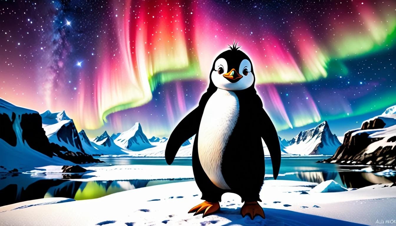 (photo film style), anthropomorphic, cute penguin, standing like a human, stargazing, Antarctica, starry sky, Aurora, wearing casual clothes, 2D, colorful, warm atmosphere, shiny, Jean-Baptiste Monge style, Alan Lee style