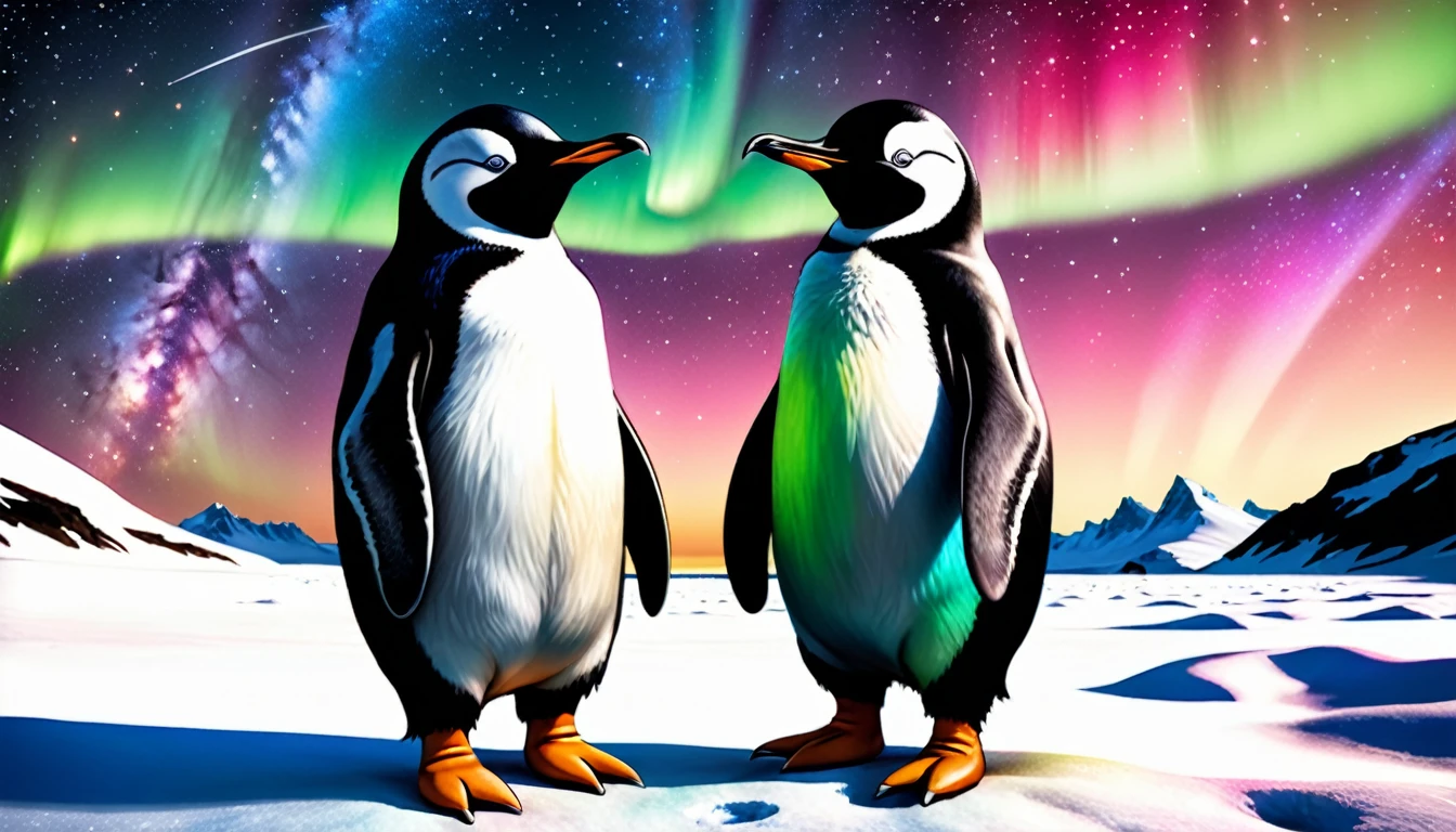 (photo film style), anthropomorphic, cute penguin, standing like a human, stargazing, Antarctica, starry sky, Aurora, wearing casual clothes, 2D, colorful, warm atmosphere, shiny, Jean-Baptiste Monge style, Alan Lee style
