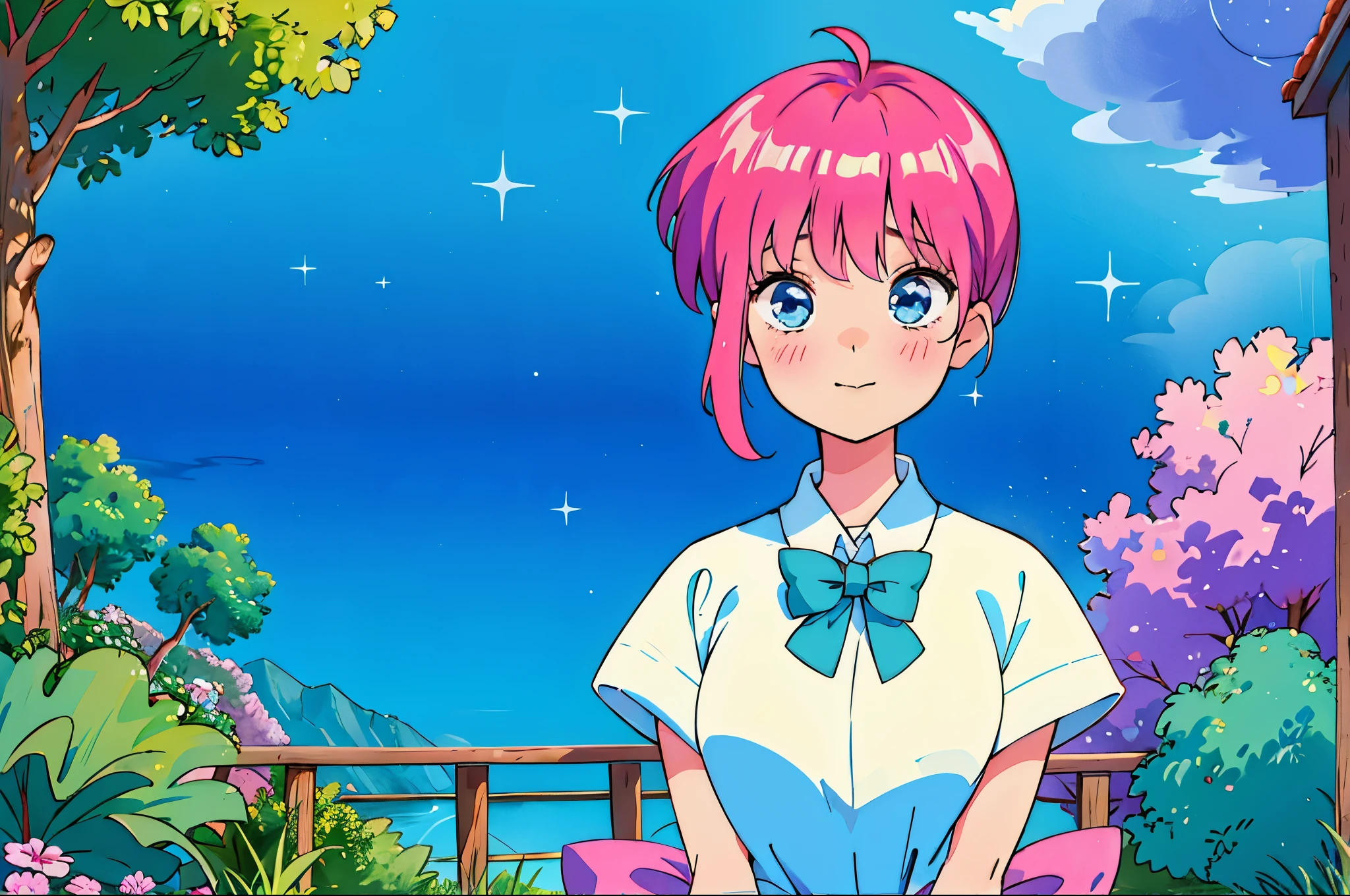 Scenery, light blue sky, 1girl, ichika sitting in the waterfalls, cloud, sitting on rocks in the middle of the waterfall, magical photography, ultra-detailed, 4k, Depth of field, High-resolution, outdoors, starry night sky, starts made of iridescent tears, pastel aesthetic colors, sfw, nakano_ichika, aaichika, Nakano ichika sitting in the waterfall, pixie cut, short silky pink hair, masterpiece, 4k, ultradetailed, cowboy shot, nakano ichika, blue eyes, sparkling eyes, green bowtie, veiled pretty iridescent dress, minimal dress, attractive confident smile, happy, cute, Official art、Beautifully Aesthetic:1.2)、(a beauty girl:1.3)、vivid colours、colourful, Soft Light, Deep Focus Bokeh, fantasy, galaxy, sparkling, splendid, colorful, dramatic lighting, intricate details, (1 girl, solo, alone), intricate details, sfw, nakano_ichika, sparkling eyes, laughing happily, crystal, fantasy, shimmering, sparkling, splendid, colorful, bright colours. fix her hands