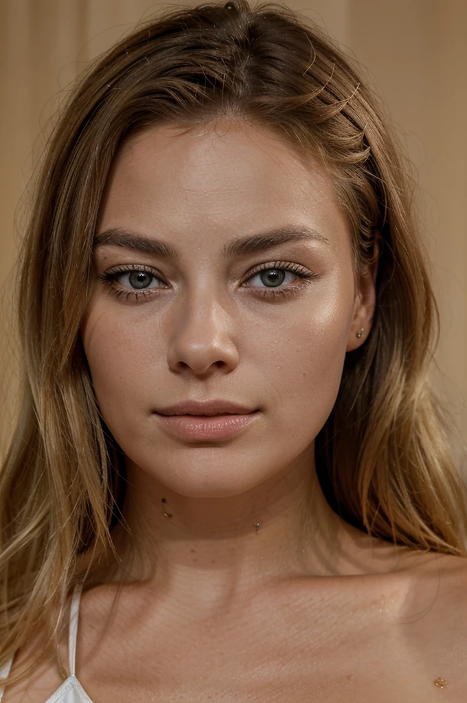 crée le portrait d'une femme blonde avec de yeux marron de qualité 4k très réalise , qui ressemble a margot robbie