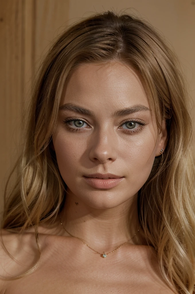 crée le portrait d'une femme blonde avec de yeux marron de qualité 4k très réalise , qui ressemble a margot robbie