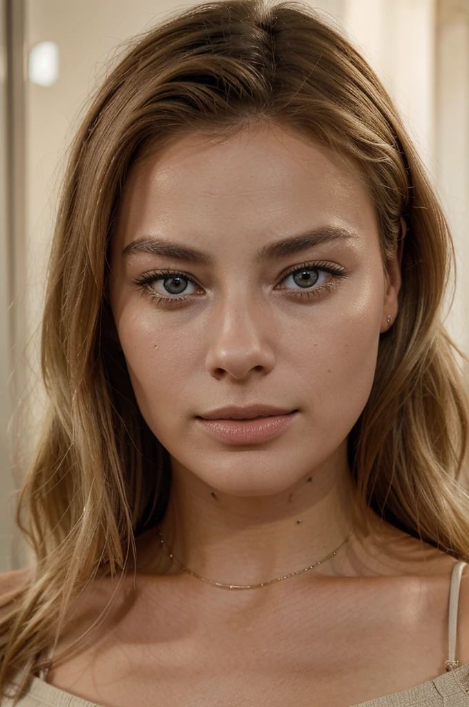 crée le portrait d'une femme blonde avec de yeux marron de qualité 4k très réalise , qui ressemble a margot robbie