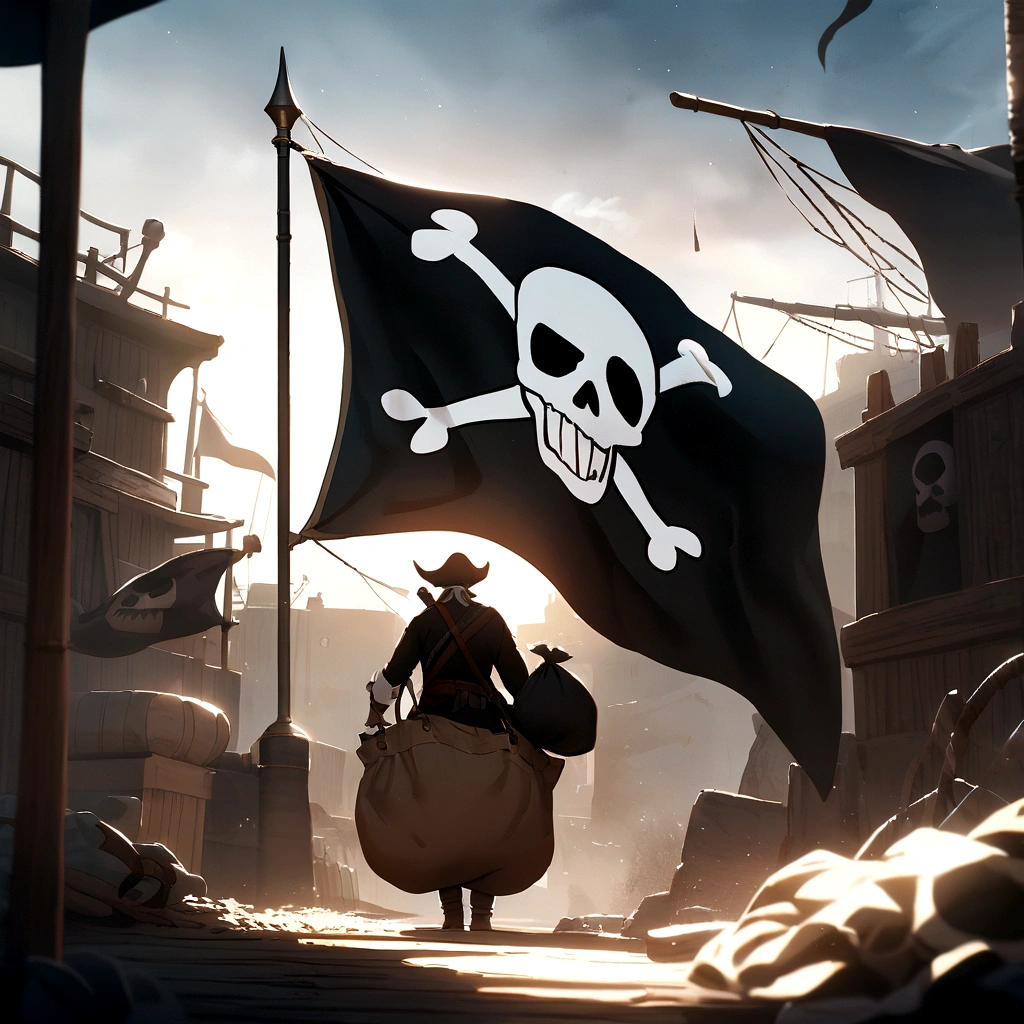 Pirate flag with two spears piercing a bag of money