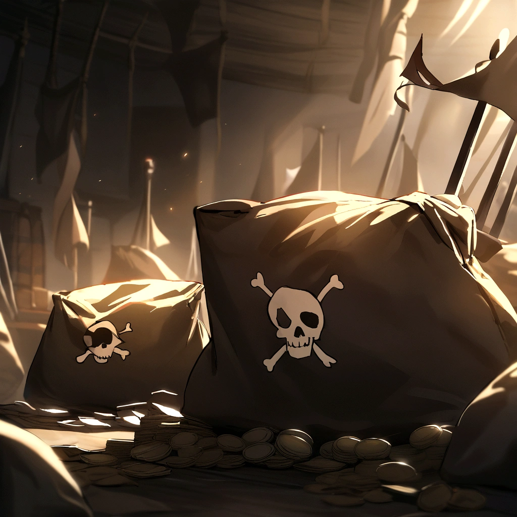 Pirate flag with two spears piercing a bag of money