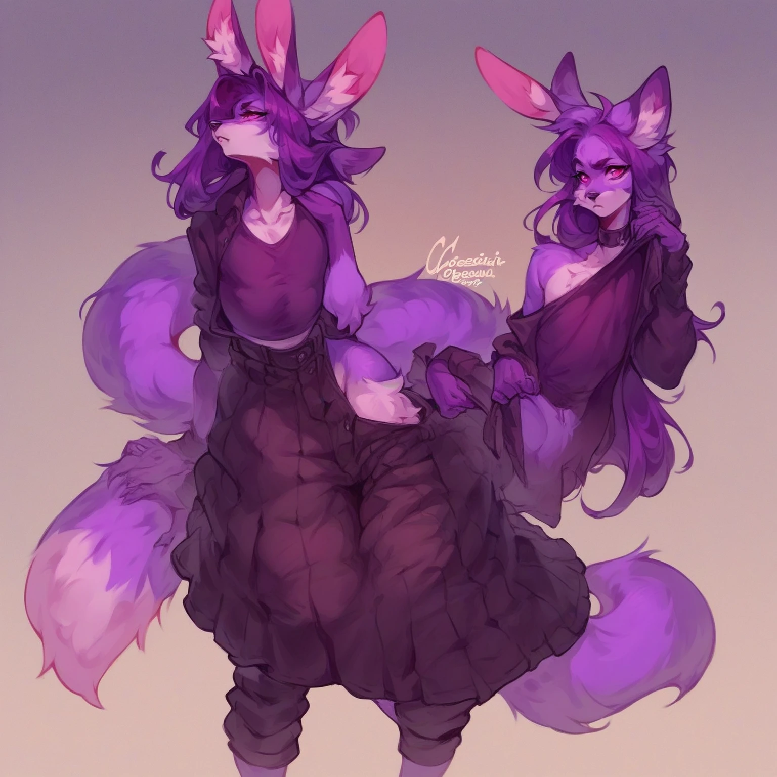 1 women, furry, Antro, fox, antropomorfic , pink eyes, blep, coffeesoda art style, e621, Fantazy adventurer, purple fox femboy, black boddy, purple hair, long hair, purple fur, bunny ears,purple clothing ,furry, skirt,cargo pants,( ( character concept art ) ), official character art,