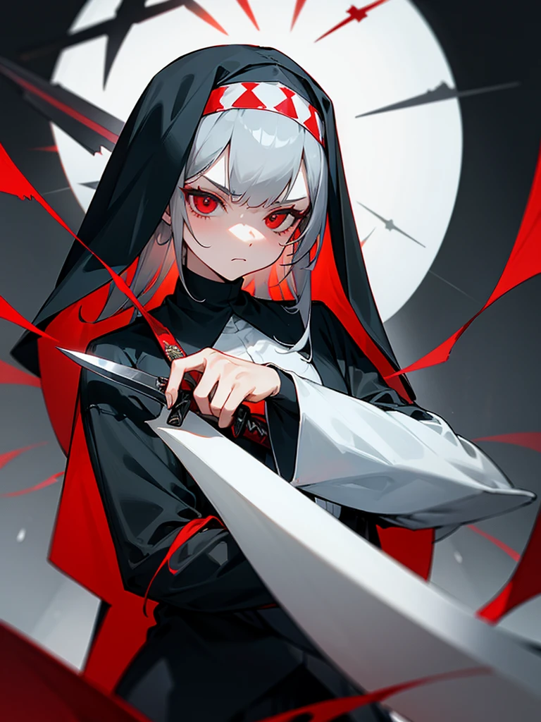 Girl, Nun's veil, Nun's clothes, Gray Hair, Red Eyes, Serious Face, Holding knife, Black clothes, no expression, neutrality, neutral face