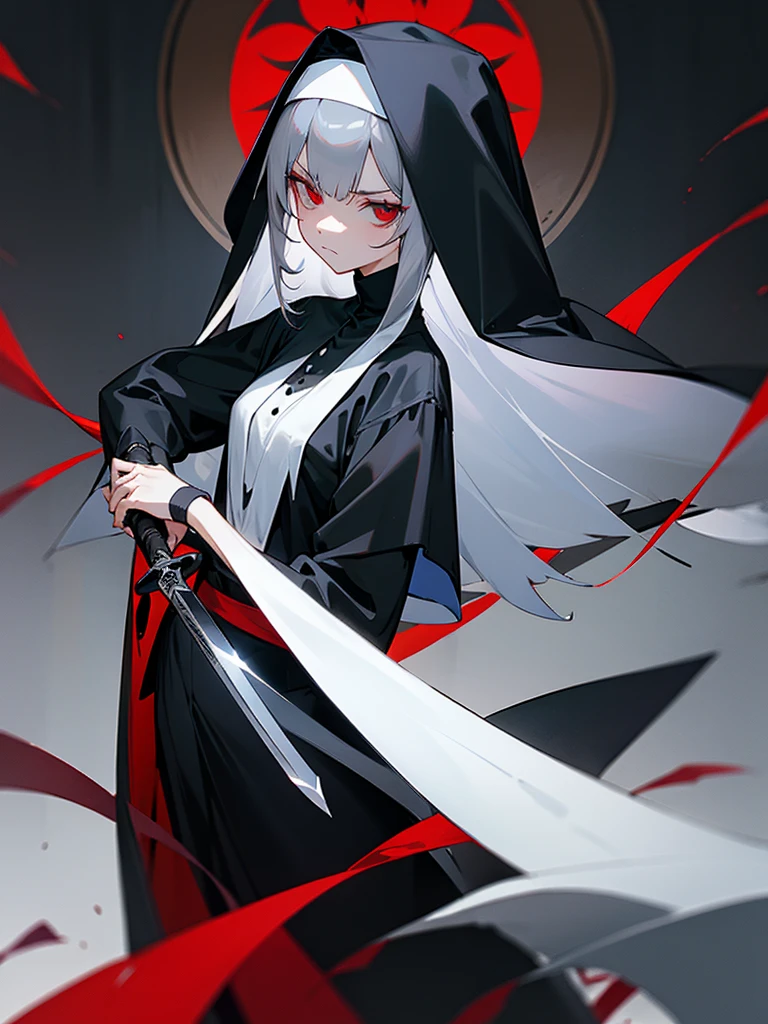 Girl, Nun's veil, Nun's clothes, Gray Hair, Red Eyes, Serious Face, Holding knife, Black clothes, no expression, neutrality, neutral face