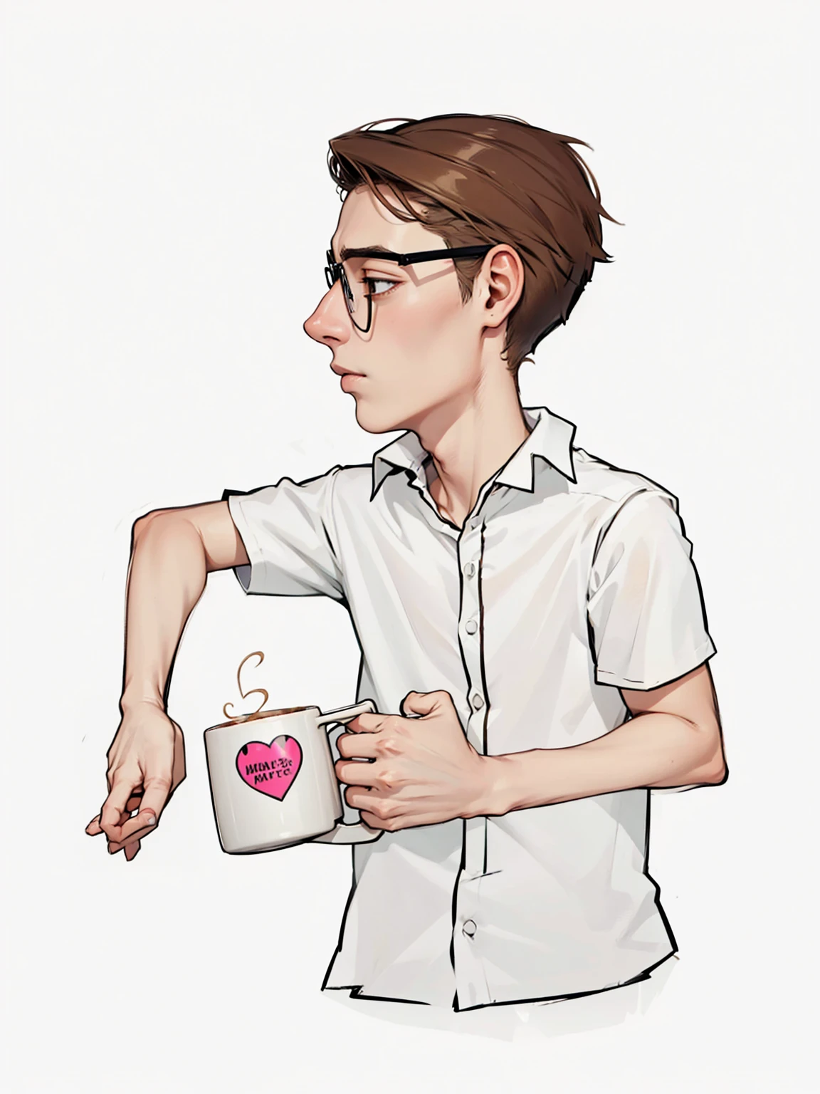 skinny 19 year old boy sitting in his hand holding a large mug of coffee with a heart with a worried face wearing a nerdy short-sleeved formal shirt