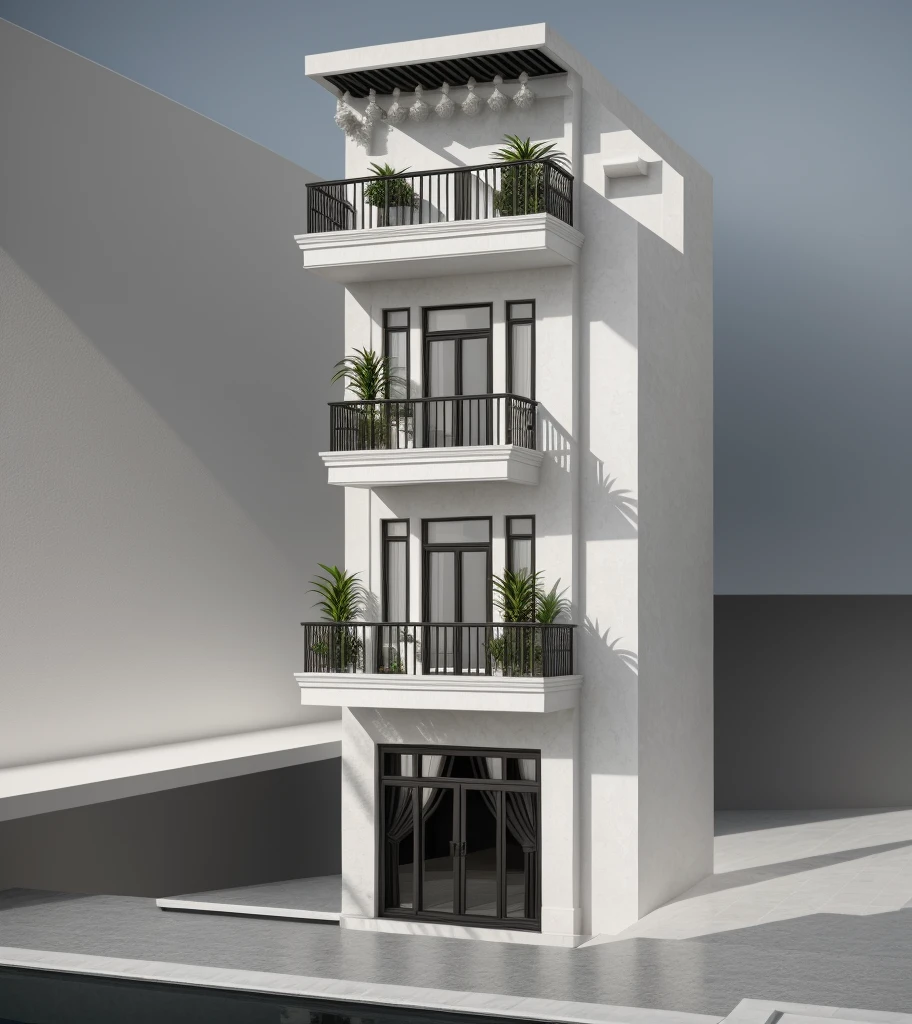 1 neoclassical style townhouse with white walls, black iron railings, black glass doors, black iron flower trellis frame, noon sun, very beautiful shade
Masterpiece,best quality,8k uhd,dslr,soft lighting,high quality,hyper detail,film grain,Fujifilm XT3, UE 5 render 8k, super high resolution, supper detail:1.2), Super sharp like photos taken with a professional camera,