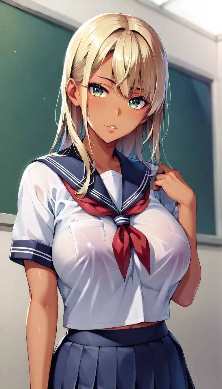 (masterpiece, best quality, ultra-detailed, high resolution, detailed eyes), takeda hiromitsu style, 1 girl(), (school uniform, short sleeve shirt), blonde long hair, tanned skin, large breasts,