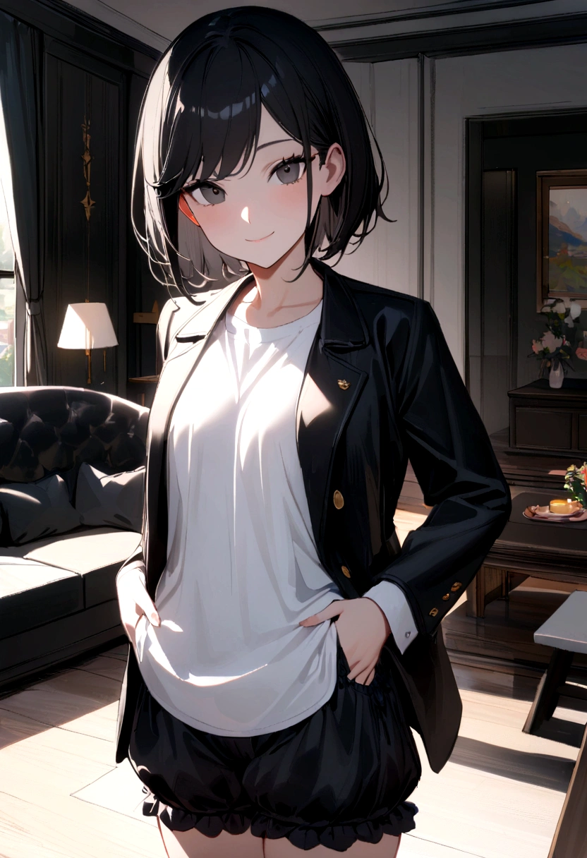 1 girl, tomboy, slim, beautiful, tall, attractive, ((short black hair))((black hair)), ((black eyes)), ((Girl wears: ((white shirt)), ((black jacket)), ((black bloomer)))), ((living room)), looking at viewer, smiling warmly, hands in pocket, 8k, masterpiece, ray tracing