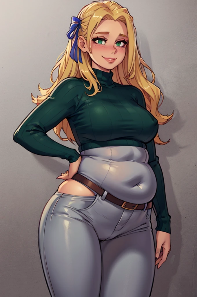 art by kipteitei, ((Masterpiece, best quality, perfect lighting, amazing shading)), perfect anatomy, field of depth, extremely beautiful, long blonde hair, hair ribbons, green eyes, green ribbed sweater, pantyhose, cute smile, (chubby), high waisted belt, blushing, (cowboy shot), (elegant pose), simple background