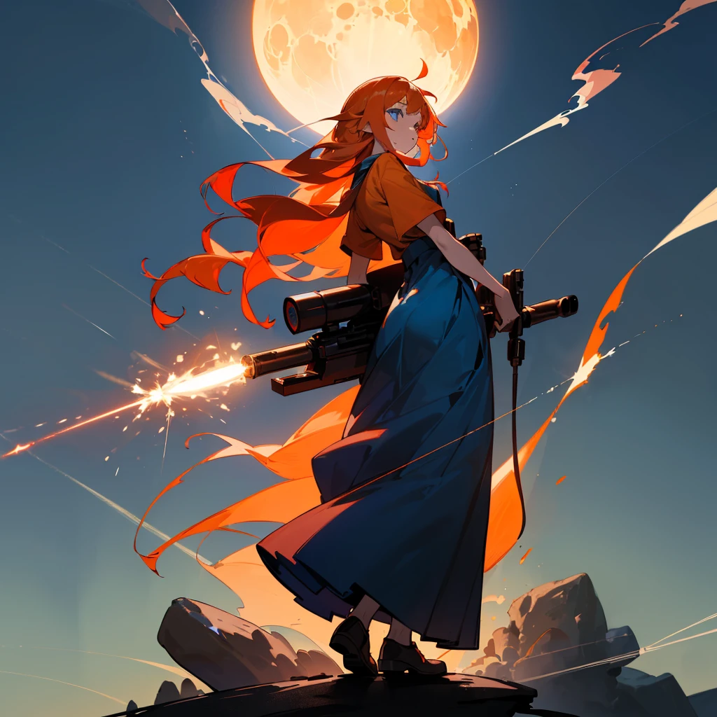 ((Full Explosion, full Explosion light)), (1girl, Western baby, red cheeks, blue eyes, orange hair coloring, long shaggy hair, long white shirt, blue long skirt), ((bazooka behind his back)), (full body girl, sophisticated, laser, lighting), ((Grassroots background, moon, Light silhouettes, smoke, explosions, rock pebbles))