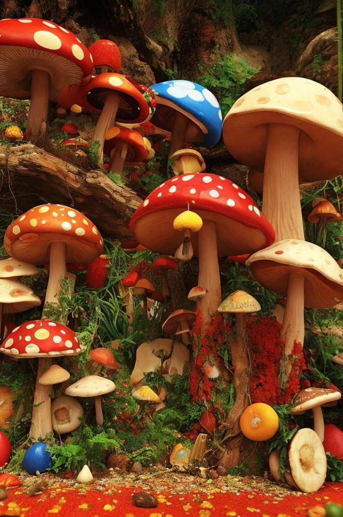 70'S ROCK BAND PLAYING ON A CLOSE UP STAGE WITH SURREAL COLORFUL MUSHROOMS DECORATION