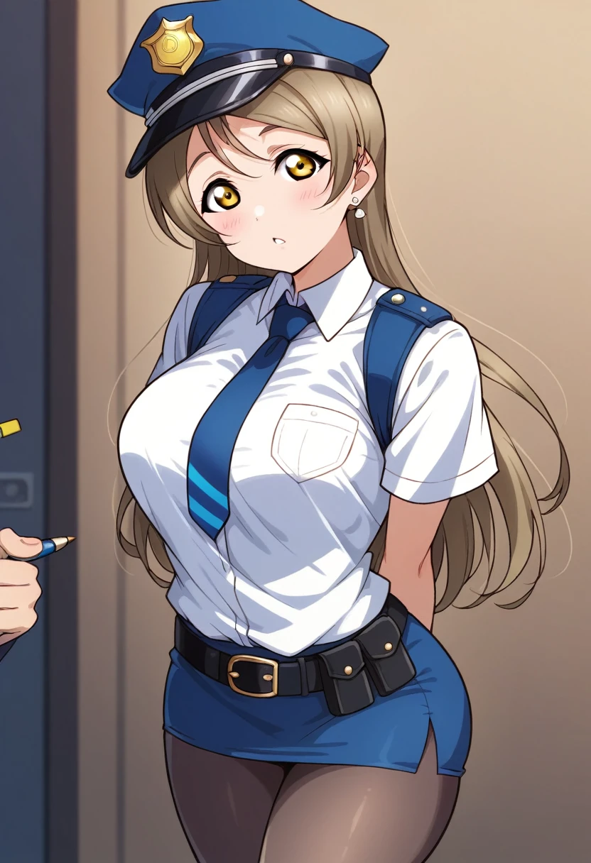 Masterpiece, best quality, (detailed face), Kotori Minami Love Live, curvy body, :D ,white shirt,half sleeves,earrings, pencil skirt, necktie , standing,police cap,in police station,looking at viewer, cowboy shot, thighs, wide hips , arms behind back ,solo focus ,belt, pantyhose , skin tight  , energetic pose 