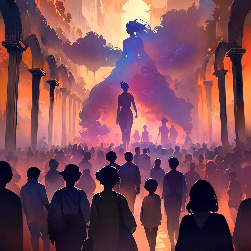 a lot of people walking in silhouette,beautiful detailed bodies,medium:digital painting,oil painting style,soft lighting,vibrant colors