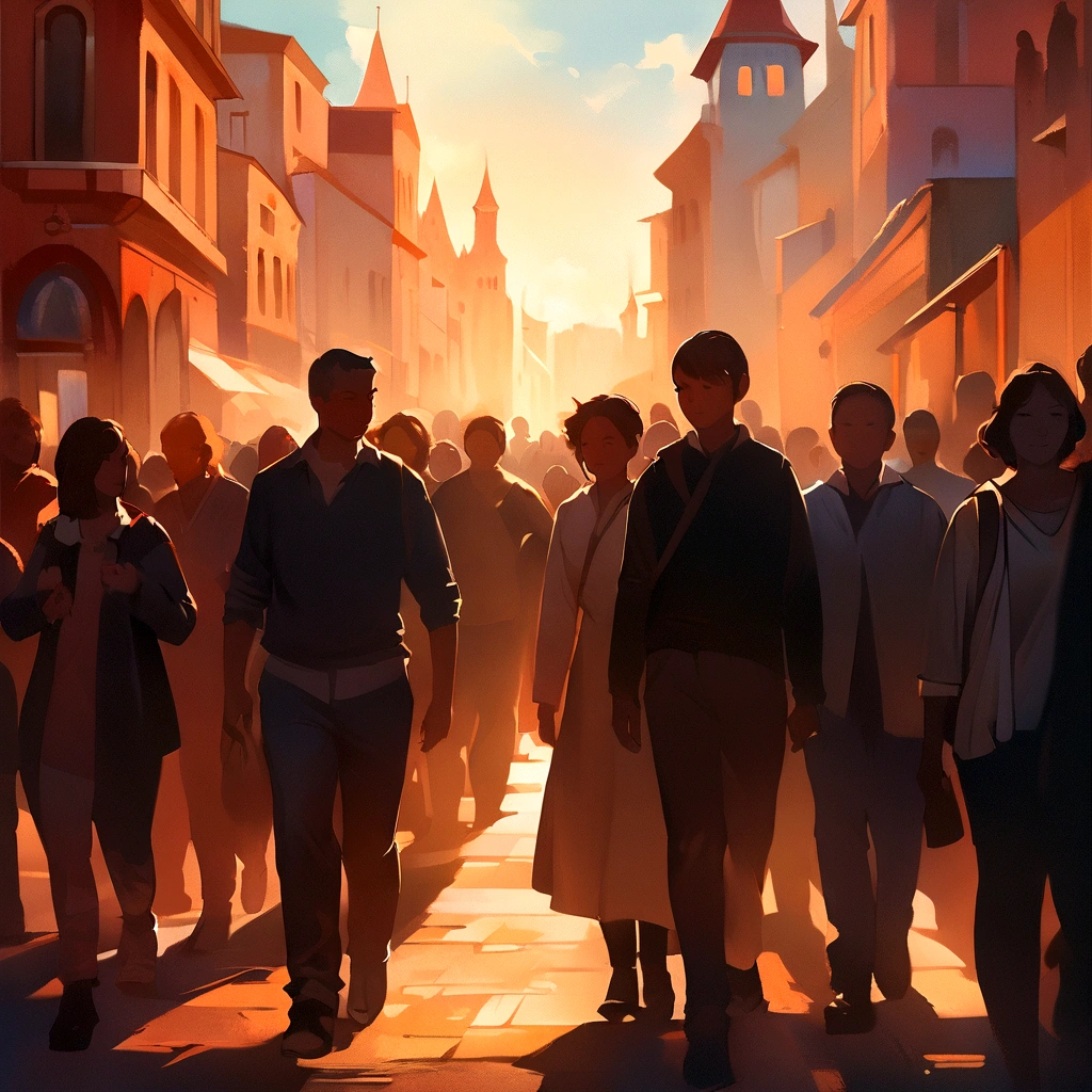 a lot of people walking in silhouette,beautiful detailed bodies,medium:digital painting,oil painting style,soft lighting,vibrant colors