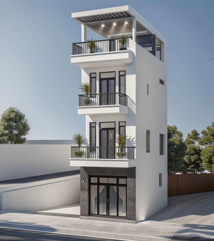 1 modern townhouse, the main materials of the house are white and gray wall colors: 1.2, glass panels: 1.1, glass doors: 1.2, black iron railings, 1 large yard, 1 road in front of the house, (Raw , Real photos, best quality, masterpiece effects: 1.2), modern and minimalist appearance, road in front of the house, dynamic lighting: 1.3, (super realistic, photo-realistic: 1.2), quality high quality, (dark light:1.2), excellent perfect lighting, ((with people, with cars))